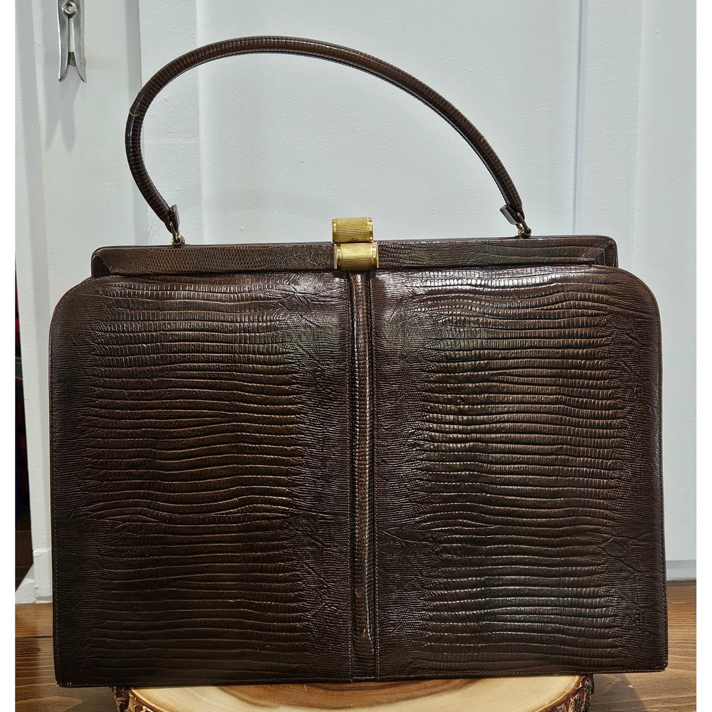 VTG Retro Bellestone Brown Lizard Leather Top Handle‎ Handbag Gold Clasp